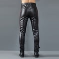 thumbnail image 2 of Men's Full-Length Motorcycle Biker Pants Stretchy PU Faux Leather with Color-Block Patchwork Cone-Shaped Slim Fit Outdoor Casual Trousers, 2 of 7