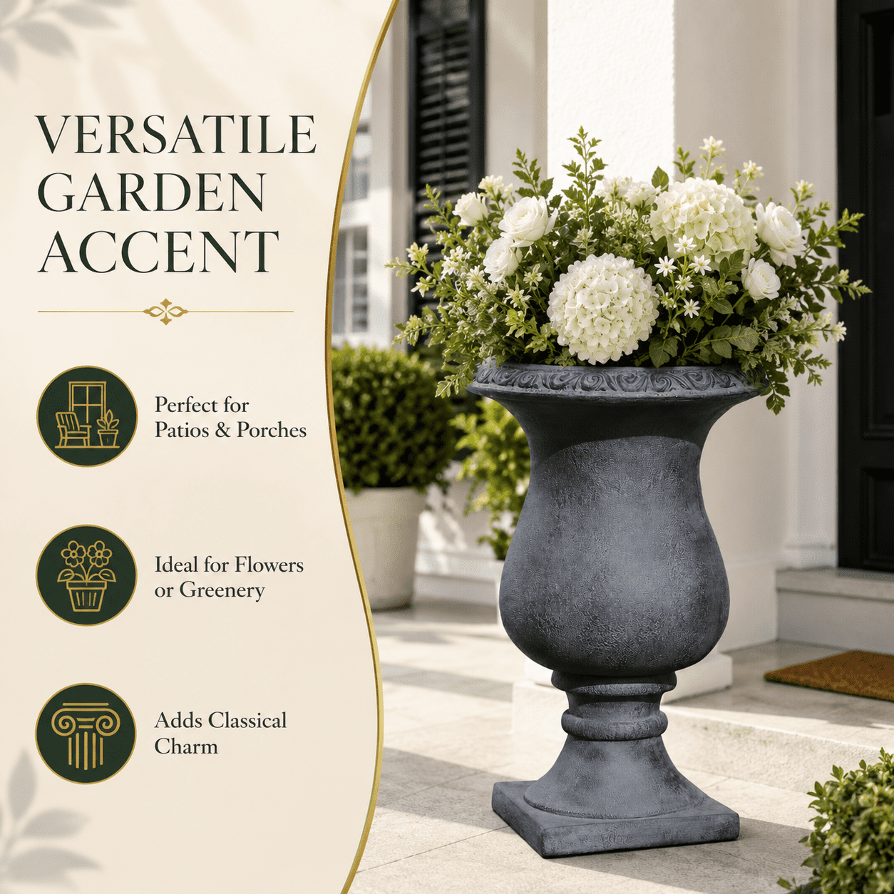 Aukfa Large MGO Garden Urn Planter, Outdoor Tall Decorative Stone-Look Flower Pot with Drainage Hole & Weather-Resistant, Black