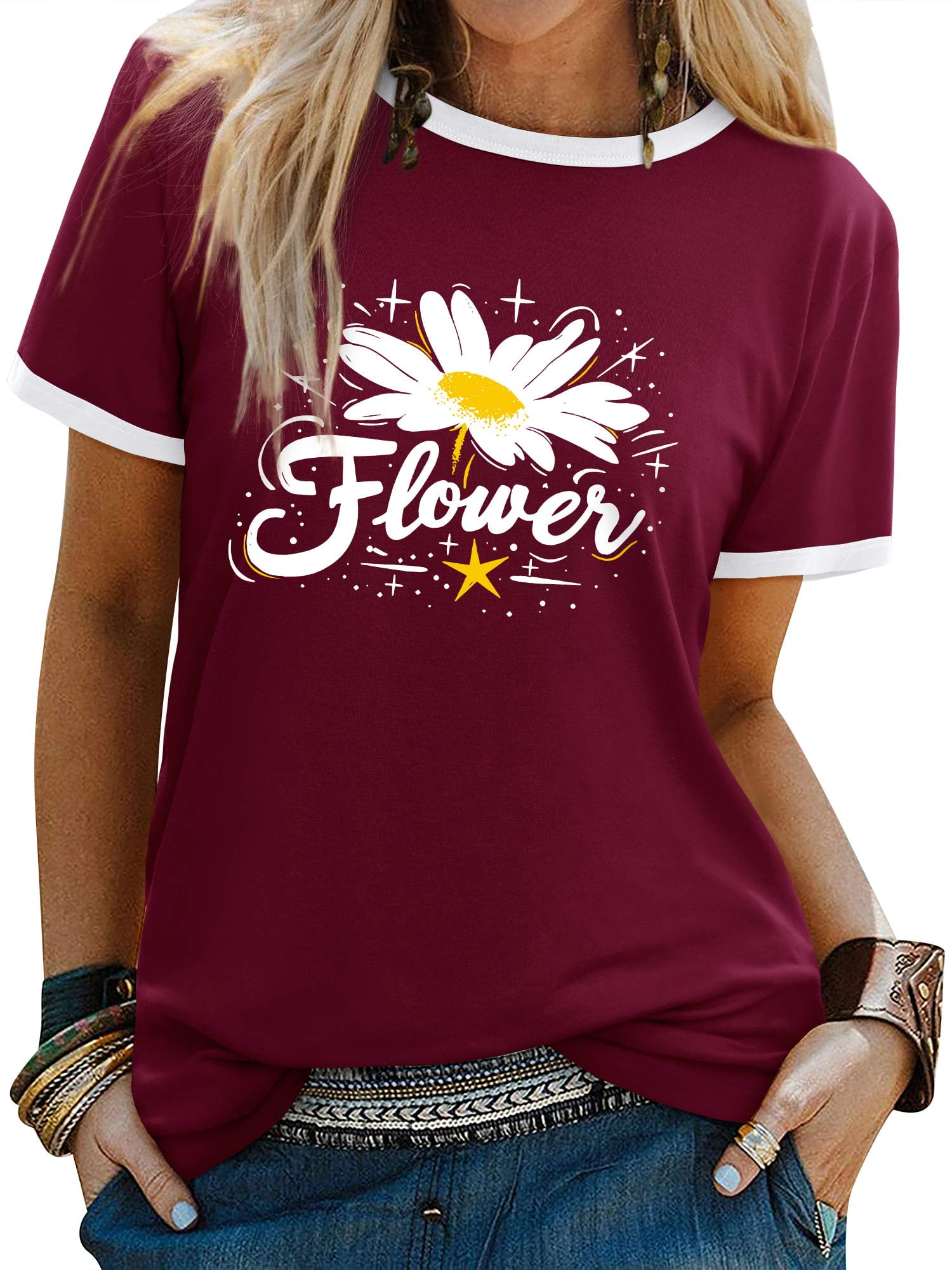 ★daisy★❤️ ZXSXSY Graphic Tees for Women Daisy Flower Print Crew Neck Short