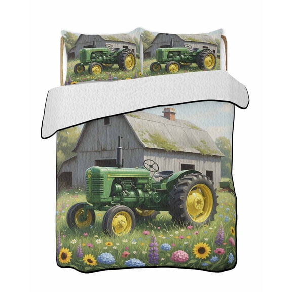 Quilts Queen Size Bedding Set, Green Farm Truck Lightweight Quilted Comforter, Farmhouse Floral Grey Barn Soft Reversible Bedspread Coverlet with Pillow Covers for All Season, 90" x 96"