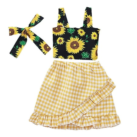 

Toddler Girls Sleeveless Flowers Prints Tops Summer Plaid Prints Skirts Headbands Outfits For 2-3 Years