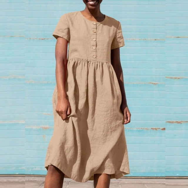 Robe d'Été Décontractée Midi à Manches Courtes Boutonnée avec Poches