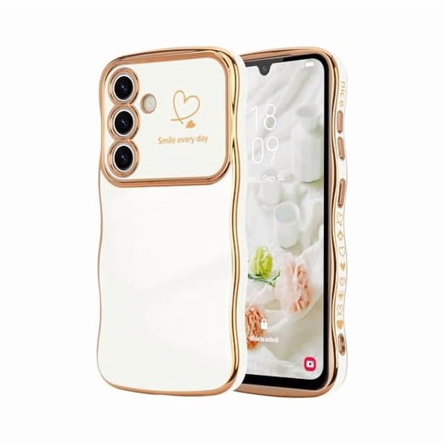 Chenchen for Samsung Galaxy A16 4G/5G Case for Women Girls, Cute Wave Frame Curly Shape with Love Heart Raised Camera Protection Cover Luxury Plating Shockproof Phone Case for Galaxy A16 4G/5G, White