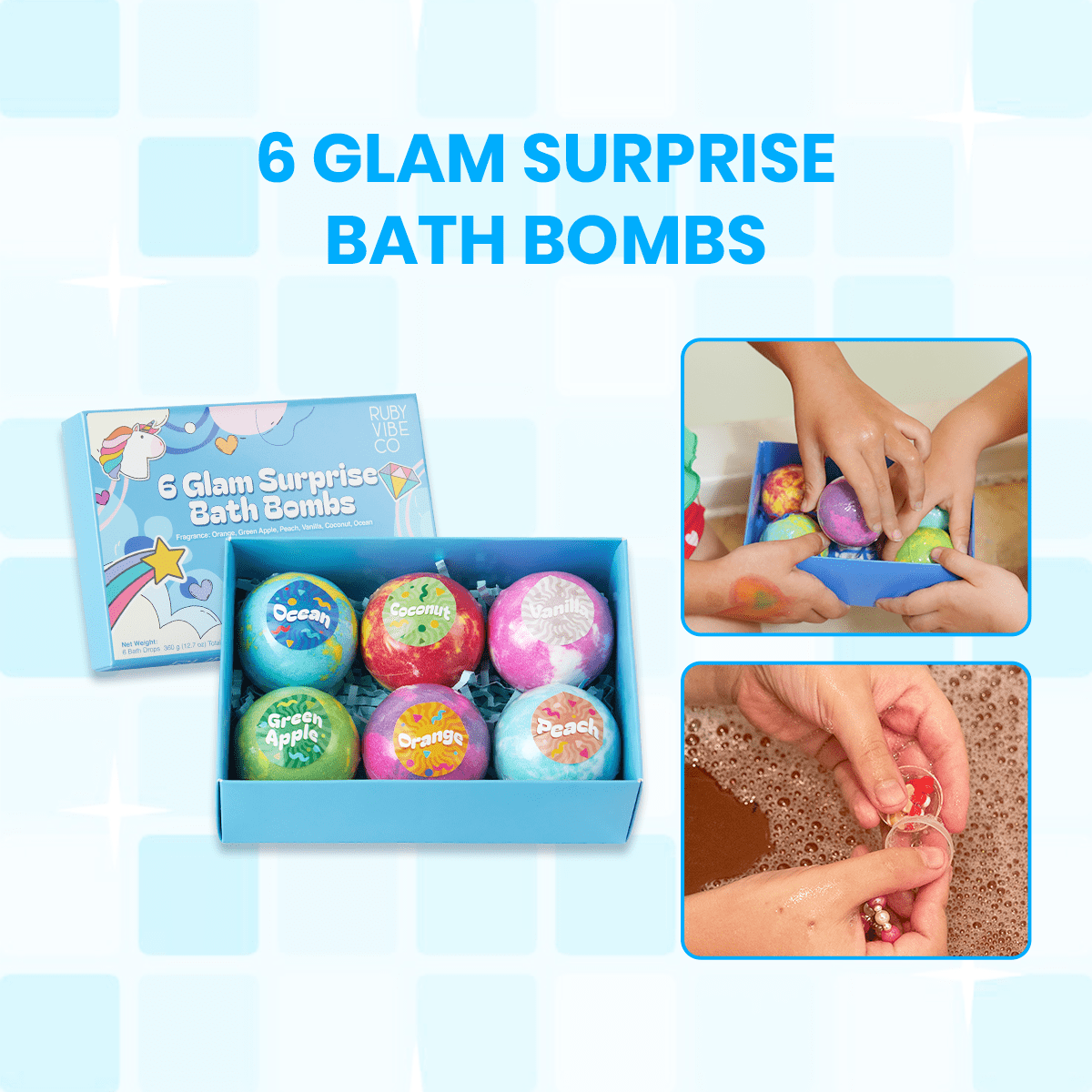 RUBY VIBE CO 6 Glam Surprise Bath Bombs with Toys Inside, Kids Bath Bomb Gift Set with Hidden Rings & Bracelets, 6 Count