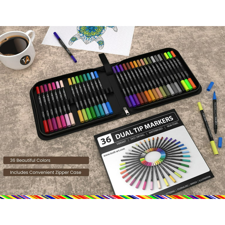 Tooli-art 36 Dual Tip Brush Pens Art Markers Set Flexible Brush and 0.4mm Fineliner with Case - Coloring Journaling Lettering