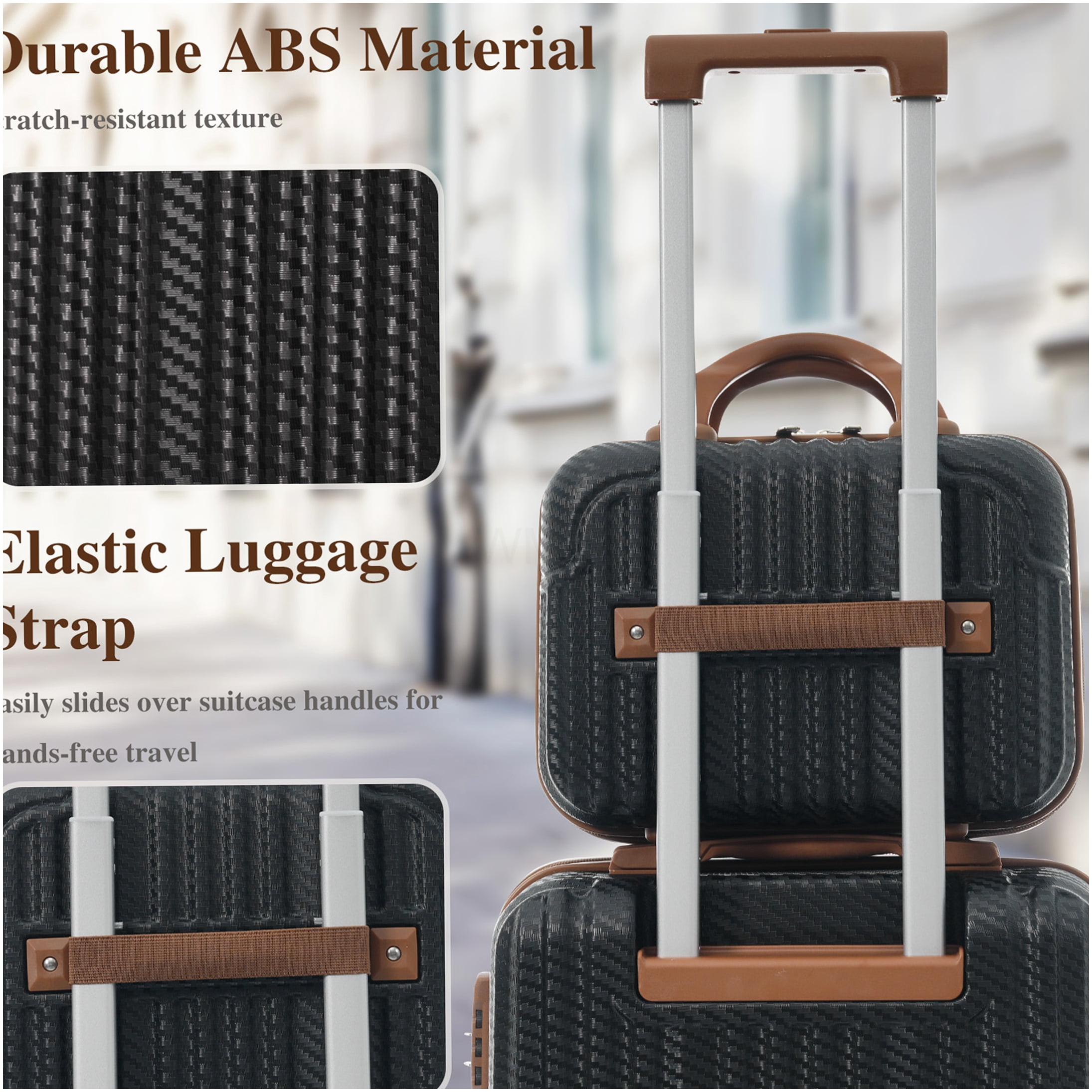 COSMOS Travel Luggage Set of 6, ABS Hard Shell Suitcases with 8 Spinner Wheels and TSA Accepted Lock, Black Brown