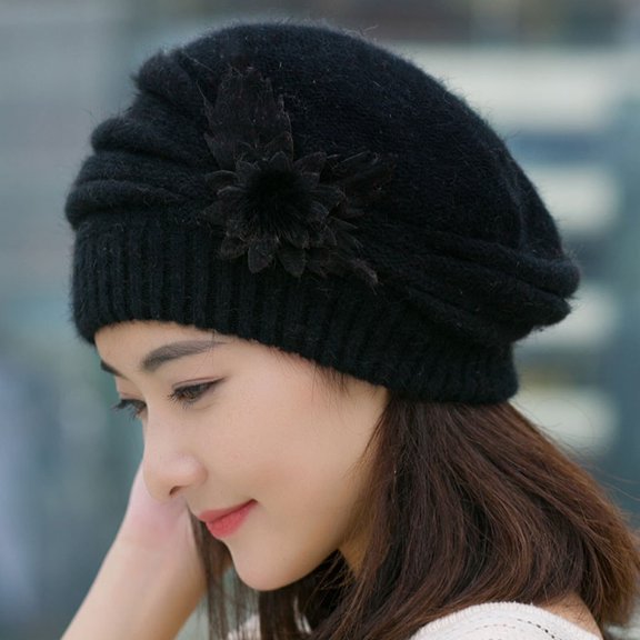 DOPI Stylish Hats Fashion Womens Flower Knit Crochet Beanie Hat Winter Warm Cap Beret Black