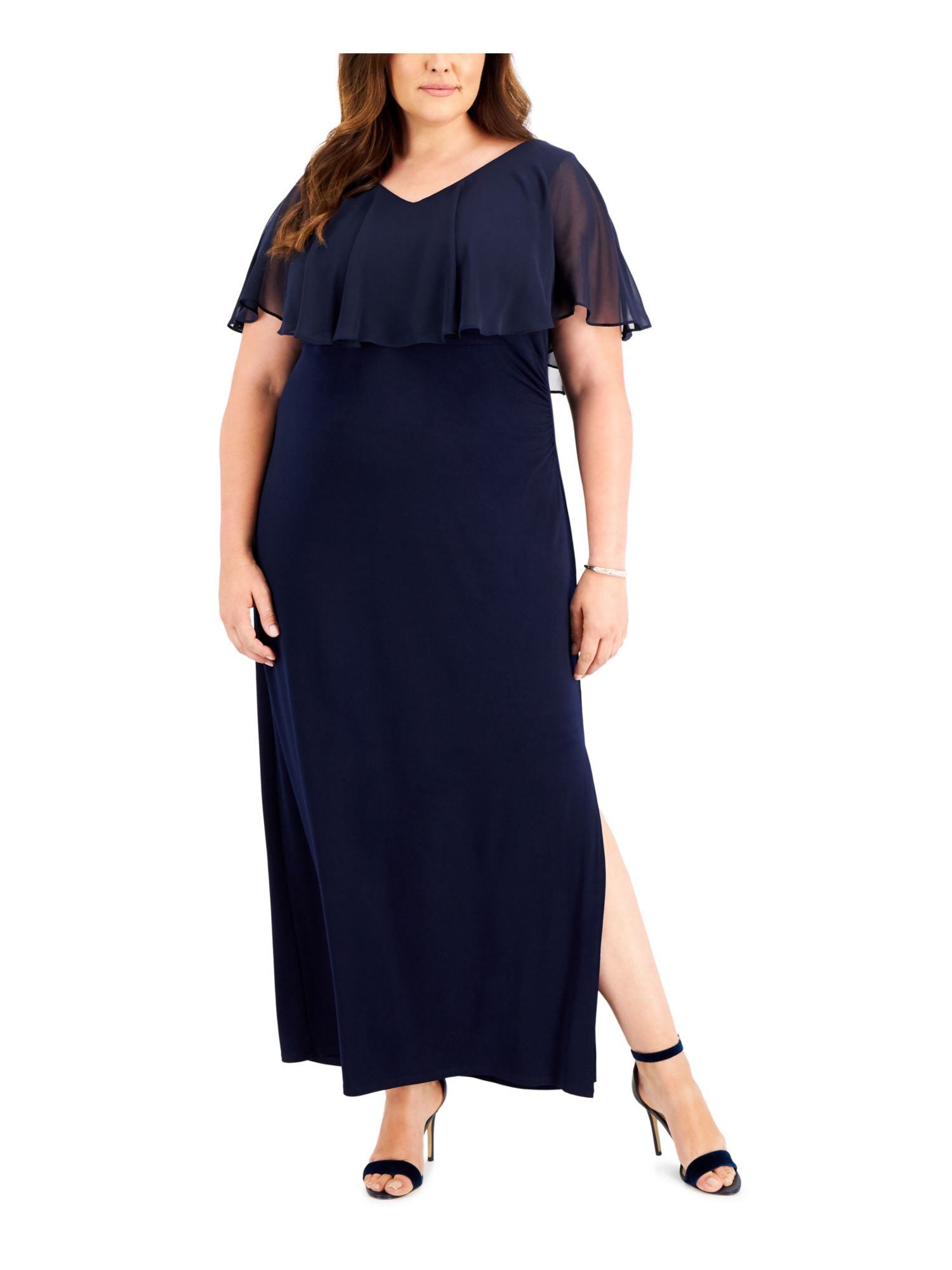 CONNECTED APPAREL Womens Navy Stretch Slitted Sheer Cape Detail ...