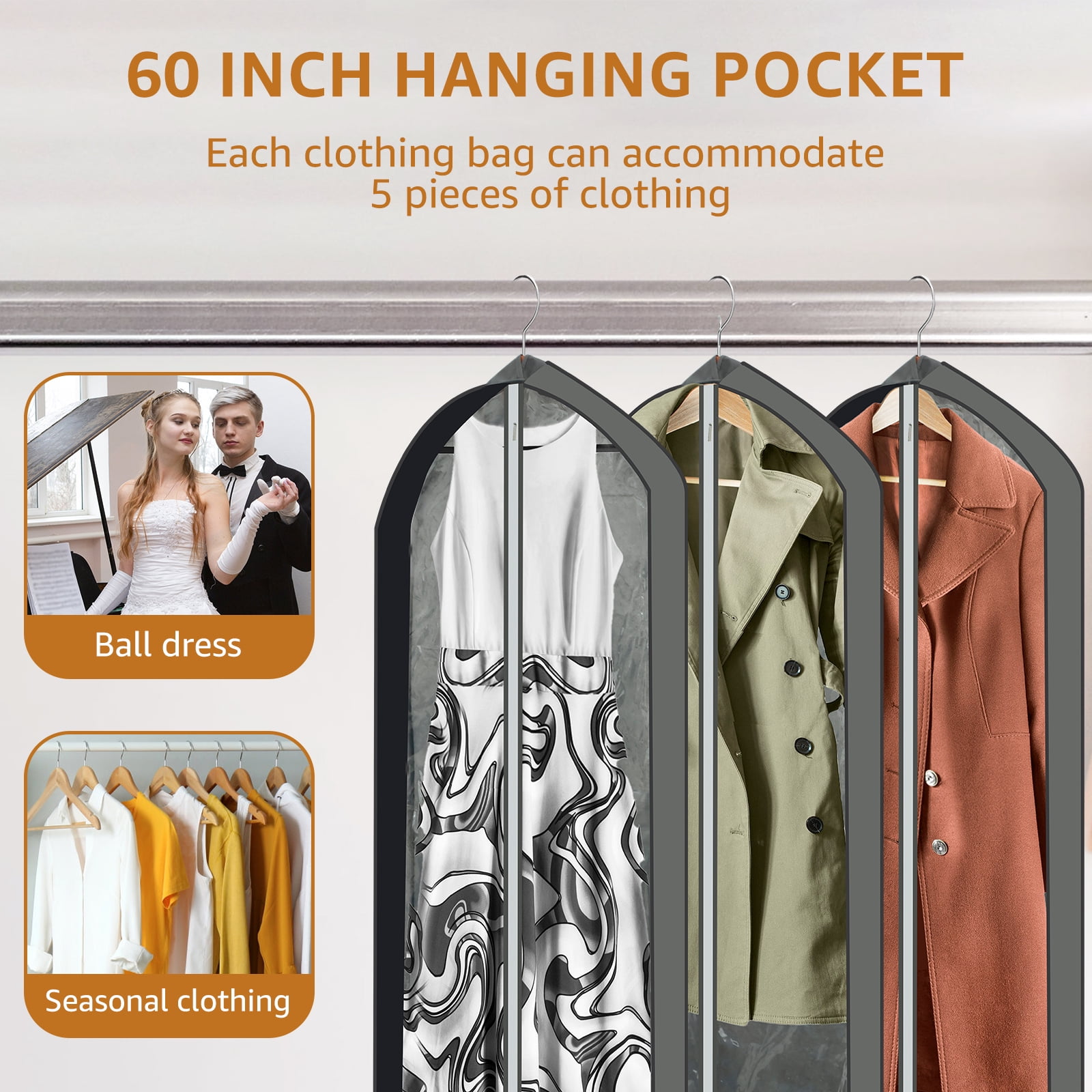 Vensio -60 Inch Hanging Garment Bags for Closet Storage 3 Pack, Clear Front Suit Protector Cover with Zipper for Long Dresses Coats and Gowns, Breathable Dustproof Clothes Bag for Travel Grey