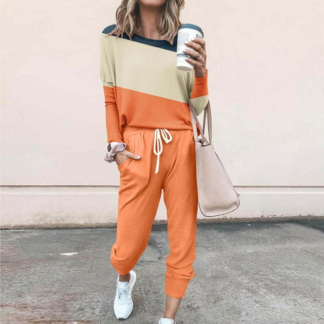 Womens 2 Piece Outfits for Summer,Two Piece Outfits for Women Round Neck Long Sleeve Pants and Sports Set,Lounge Sets for Women Plus Size Color Block Sweatshirt Sweatpants Sweatsuits Set with Pockets