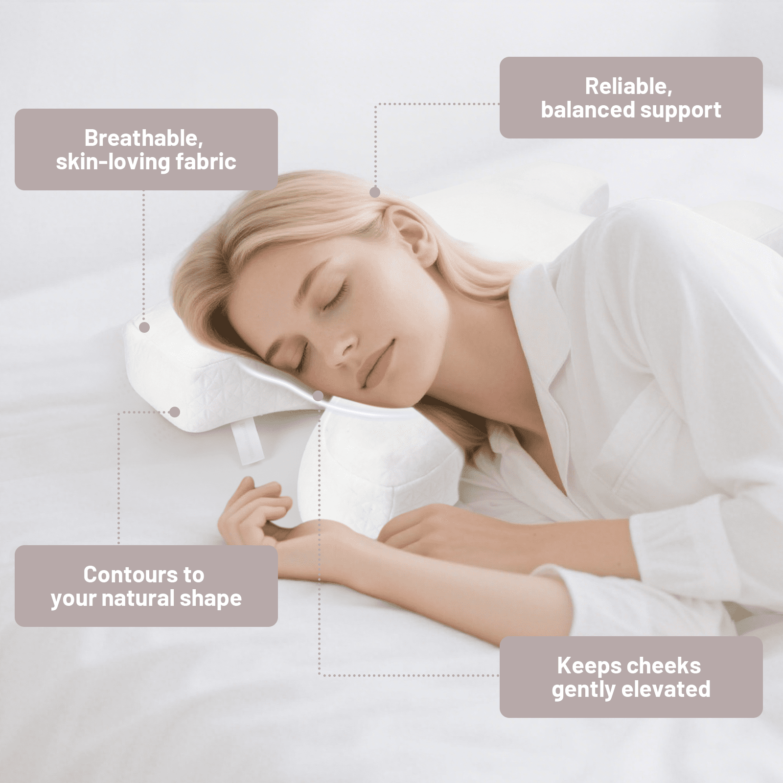RoamReady Anti Wrinkle Side Sleeper Pillow, Adjustable Neck Support Pain Relief Beauty Pillow for Adults, White