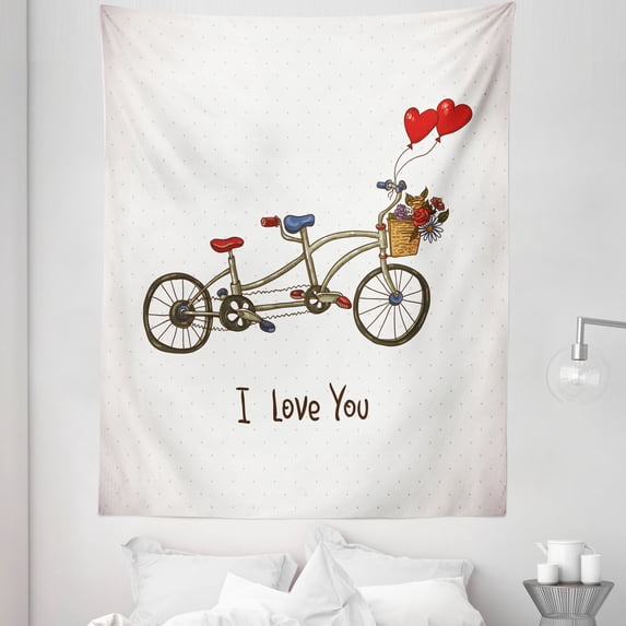 Bike Party Tapestry, Romantic Floral Tandem Bicycle Motif Heart Balloons and I Love You Writing, Fabric Wall Hanging Decor for Bedroom Living Room Dorm, 5 Sizes, Ivory Multicolor, by Ambesonne