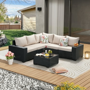JOYURE Wicker Patio Furniture Set 6-Piece Wicker All-Weather Sectional Sofa, Beige