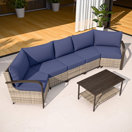COOS BAY Aurora Terrace 5-Person Brown Wicker Rattan Patio Conversation Set Sectional Seating Group Metal Curved Armrest Lounge Chairs Coffee Tables Blue
