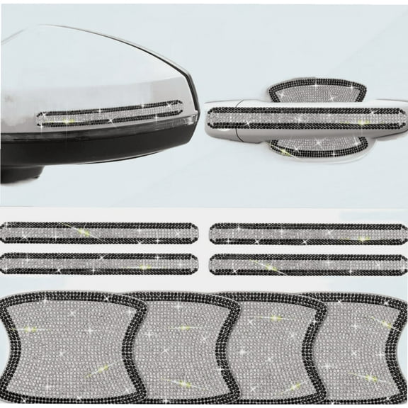 8PCS Car Door Handle Bling Rhinestones Stickers Universal Auto Door Handle Scratch Cover Guard Protective Film Pad with Safety Reflective Strips (Black & Sliver Set)