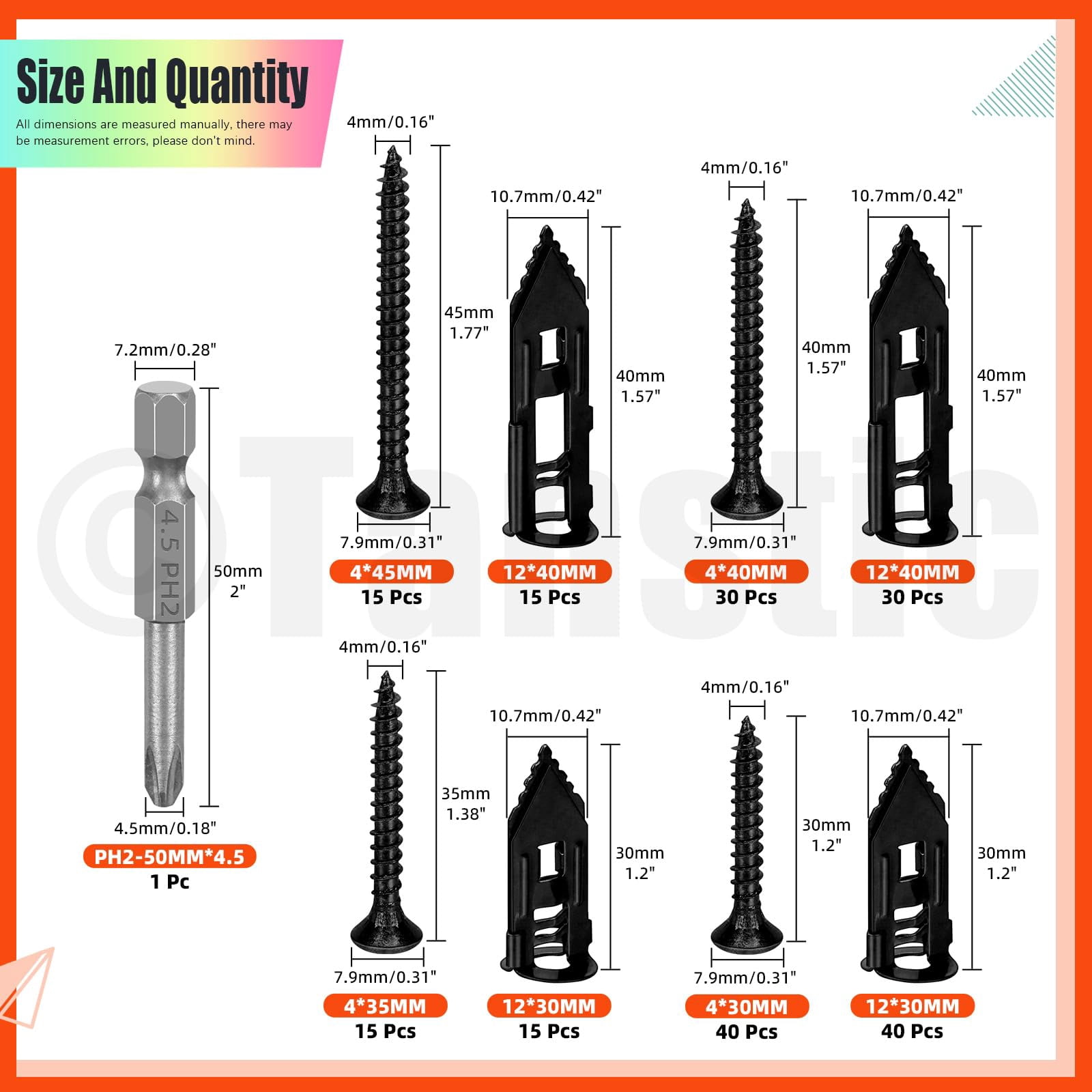 200Pcs Self Drilling Drywall Anchors with Screws, 4 Different Sizes Drywall Self Drilling Anchors Steel Wall Anchor with Screwdriver Bit for Wall Hanging(Black)