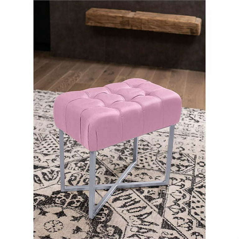 BirdRock Home Rectangular Tufted Pink Foot Stool Ottoman with Silver Legs -  Linen Vanity Chair - Soft Compact Padded Seat - Bedroom and Kids Room