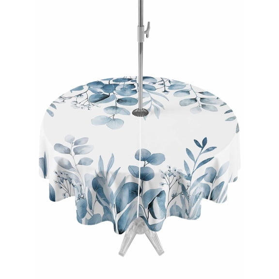 Blue Green Eucalyptus Leaves Table Cloth Round Tablecloth, Spring Summer Botanical Waterproof Wrinkleproof Table Cover with Umbrella Hole and Zipper for Party/Dining/Patio/Wedding 54 Inch