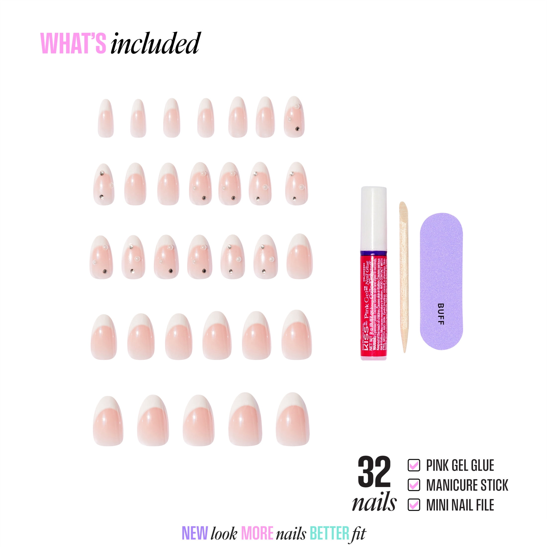 Kiss Glam 3D & Jeweled Press On Nails Almond, ‘Serendipity Awaits’, Neutral, Medium, 32 Count