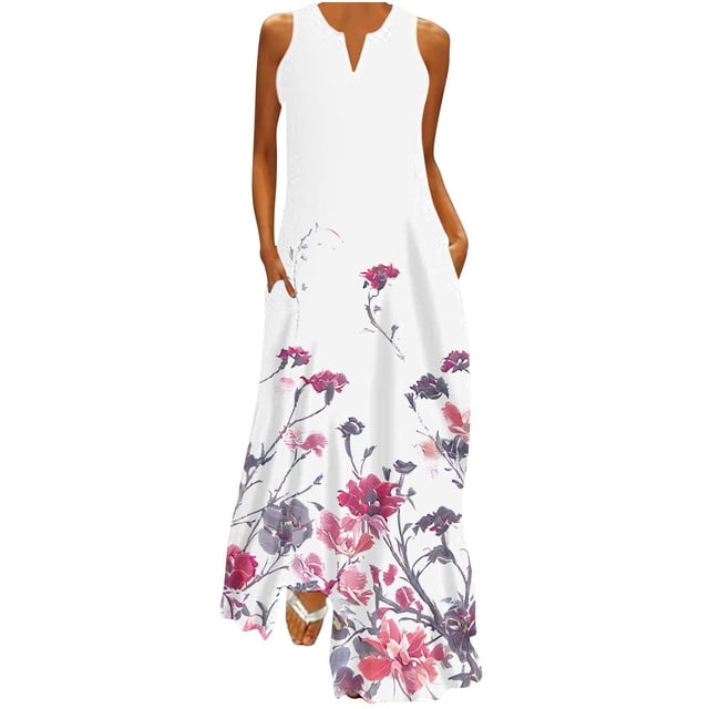 Penkiiy Robe Sans Manches à Col Rond Mi-Mollet à Double Poche Imprimée pour Femmes Robe à Manches Courtes Col Rond m Blanc