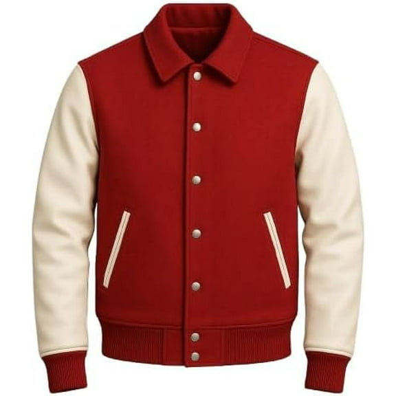 HIDE CRAFTS Classic Varsity Jacket, Red and Cream, Wool Blend with Leather Sleeves, Snap Button Front (US, Alpha, X-Large, Regular, Regular, Red and Creme)