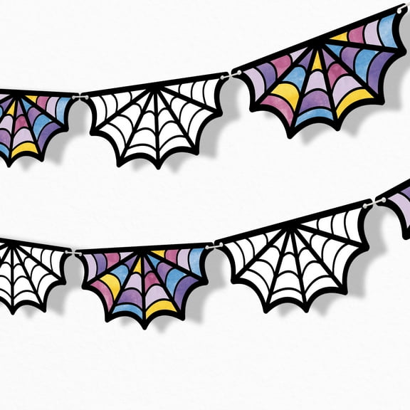 Big Dot of Happiness Goth Girl Garland Banner, Halloween or Birthday Decor Backdrop, 15 Feet of Cord, 15 Paper Spider Web Stained Glass Window Shapes