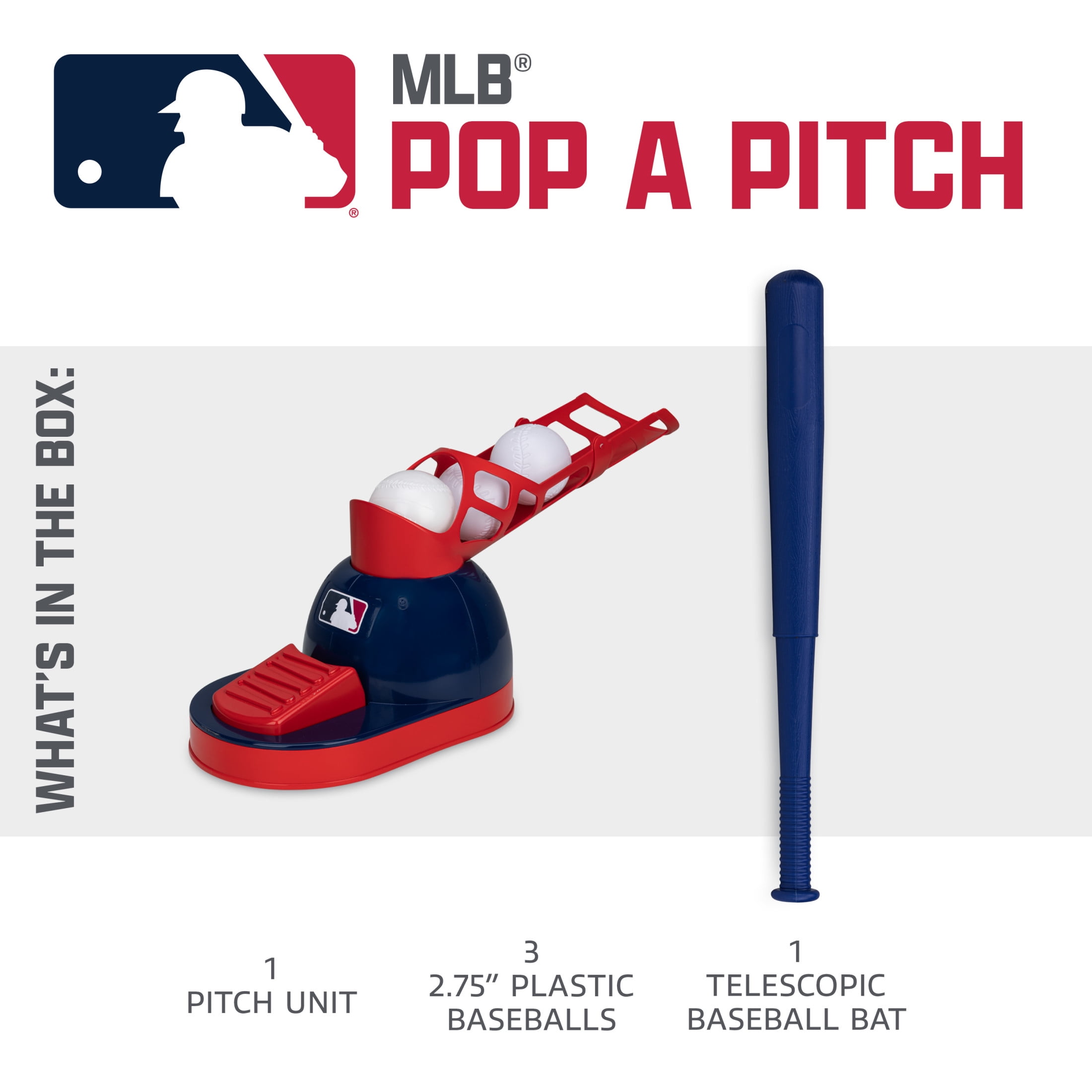 Franklin Sports MLB Pop A Pitch Kids Baseball Pitching Machine - Baseball Batting Practice Toy with Youth Bat + 3 Plastic Baseballs Included - Boys + Girls Hitting Toy Set