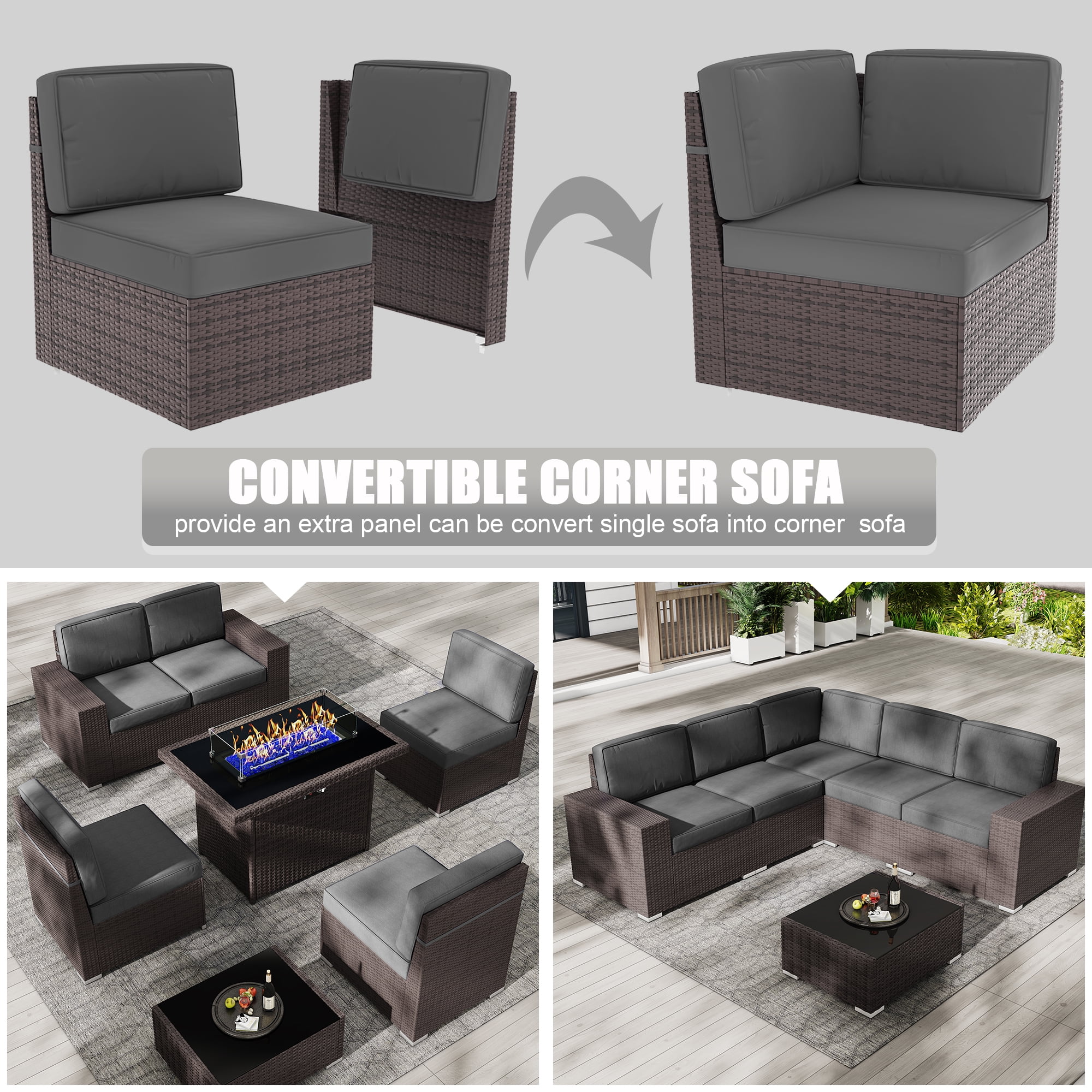 Outdoor Patio Furniture Set 6 Pieces Sectional Conversation Sofa Set Brown Rattan Sofa Set with Coffee Table