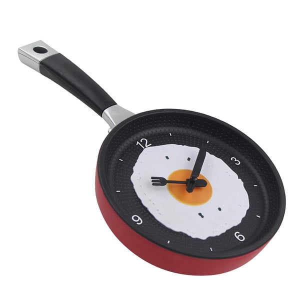 Reloj de pared con forma de sartén y huevo frito, diseño de cocina. rojo