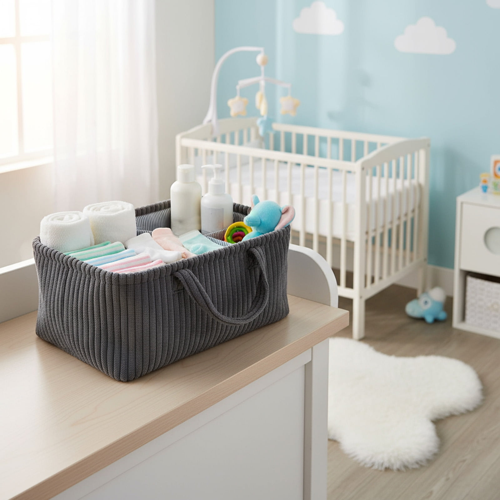 Baby Diaper Caddy Organizer for Changing Table – Stylish Nursery Storage Basket, Newborn Essentials, Baby Shower Gifts and Registry Must-Haves for Boy or Girl, Car Diaper Caddy, Corduroy