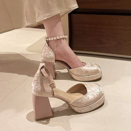 

High Heels Women‘s Wedding Shoes Style National Style Embroidered Thick Heel Horse-faced Skirt Cheongsam Hanfu Sandals New Chinese Bridesmaid Shoes