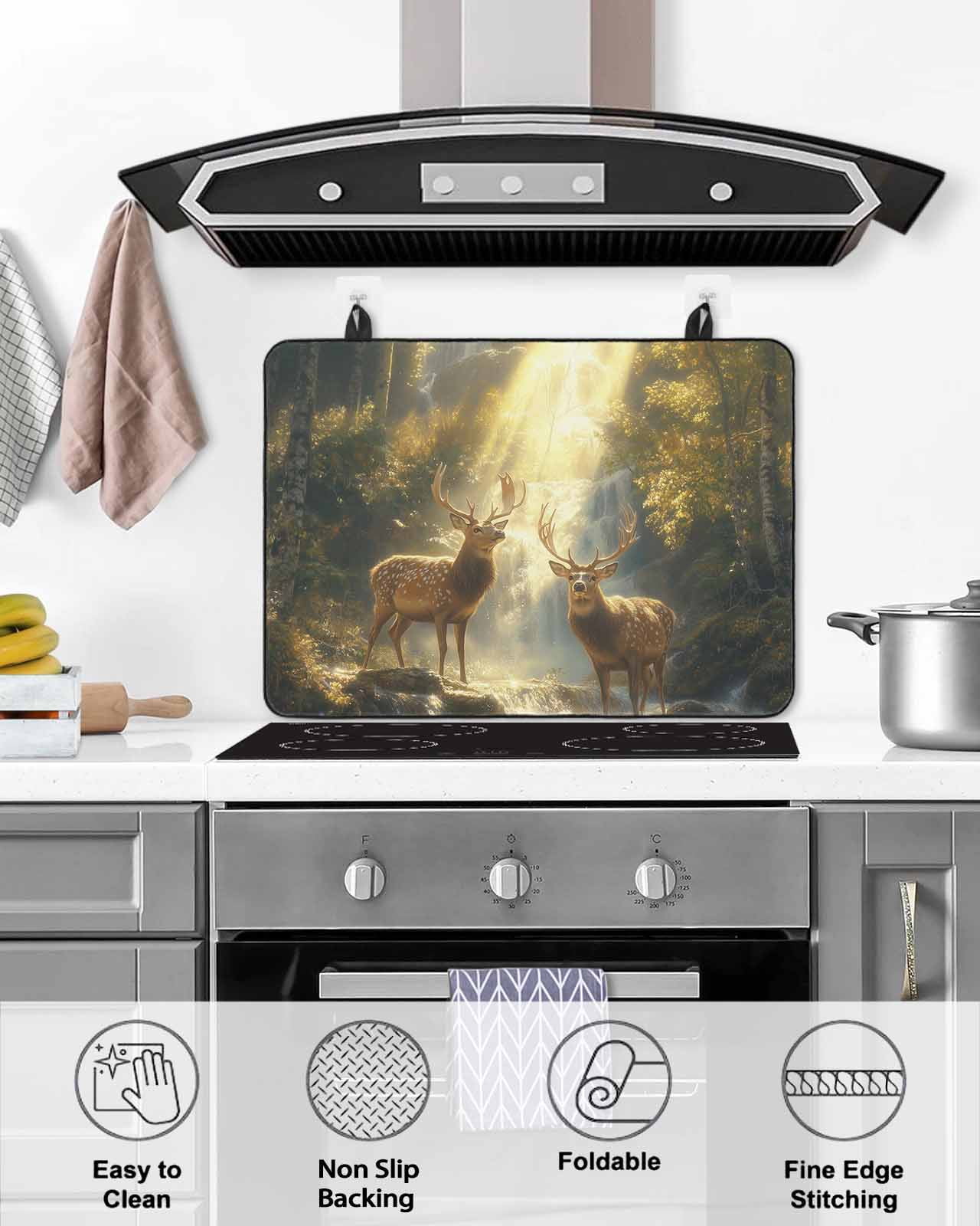 nqOlkjepod Large Induction Cooktop Protector Mat 24"x21", Golden Forest Deer Stove Top Covers for Electric Stove, Fantasy Vintage Nature Scenery Stove Burner Cover Mats, Glass Top Stove Cover