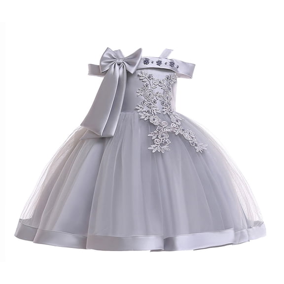 CPNG Girls' Luxe Off-the-Shoulder Flower Girl Dress – Oversized Satin Bow, Intricate Embroidery & Tulle Ball Gown Skirt with Satin Trim for Weddings & Special Occasions