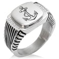 thumbnail image 1 of Stainless Steel Mariner Nautical Anchor CZ Ribbed Needle Stripe Pattern Biker Style Polished Ring, 1 of 1