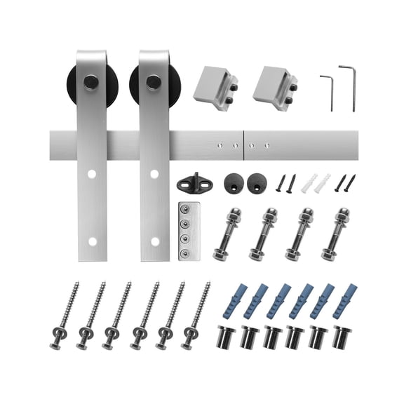 8FT Single Sliding Barn Door Hardware Kit - Complete Track System with Rollers, Hangers & Mounting Hardware, Heavy Duty Stainless Steel Barn Door Rail Kit in Silver Finish