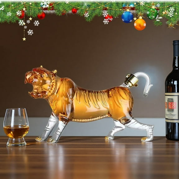 Tuscom Whiskey Decanter with Zodiac Tiger Design, High Borosilicate Glass Whiskey Bottle, 17oz Fashionable Shaped Liquor Decanter, Clear Glass Dispenser for Gifting