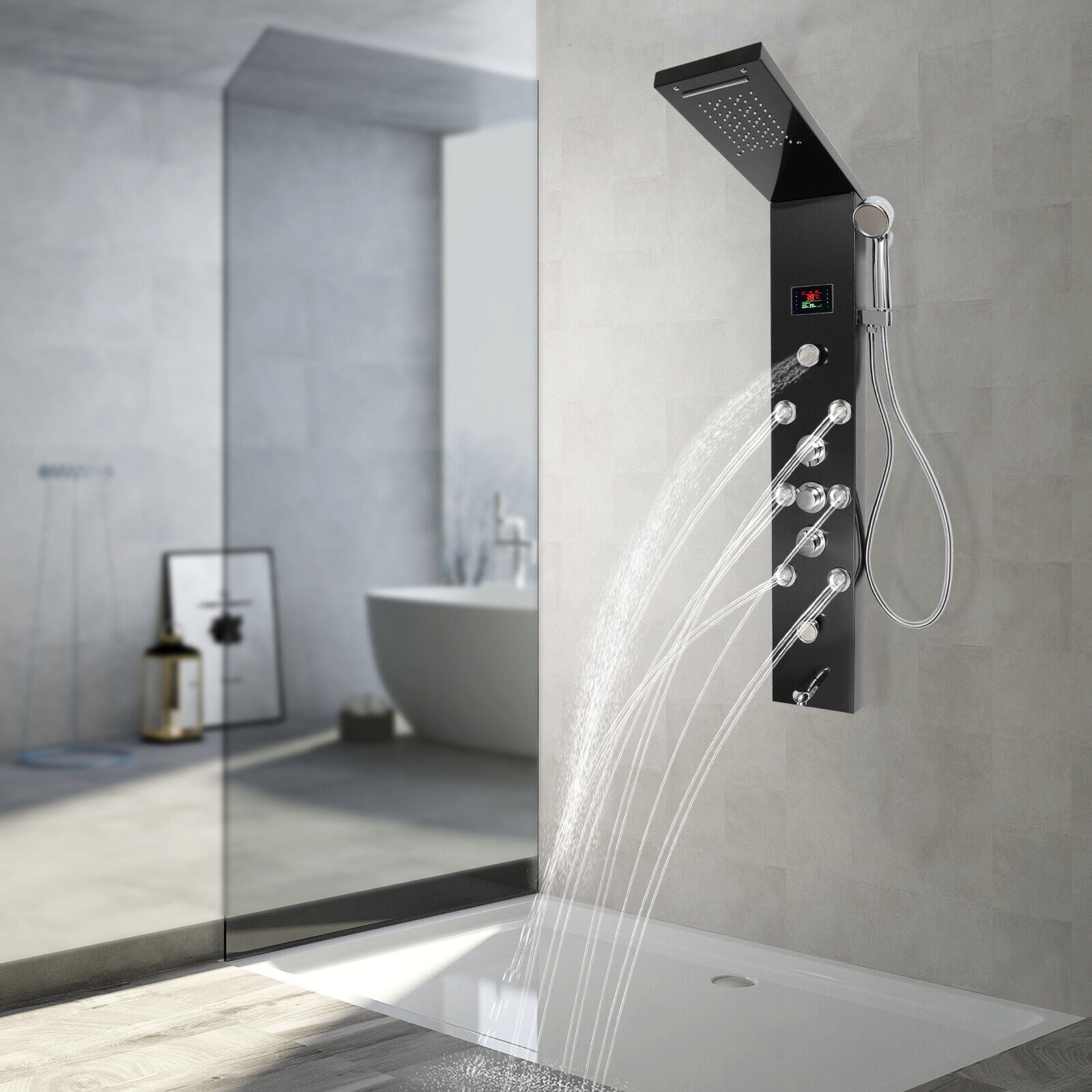 Shower Panel Tower System Stainless Steel Rain Massage Full Body Shower System Hydroelectricity Display w/Jets