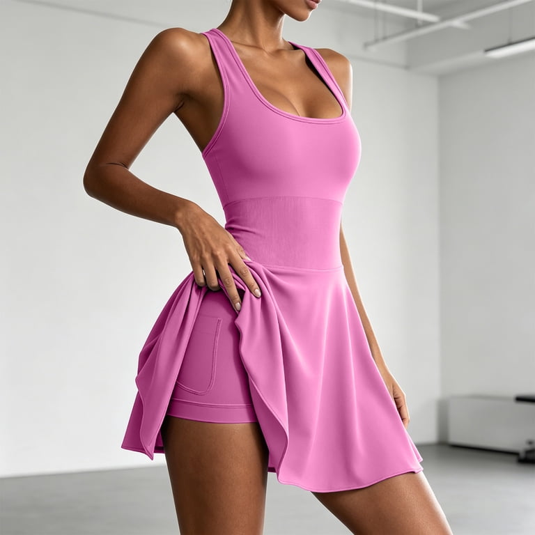 pink workout dress Tennis Peasy Athletic detailed hemline adds a romantic touch and creates a perfect twirl with every step Tennis Dress With Built In