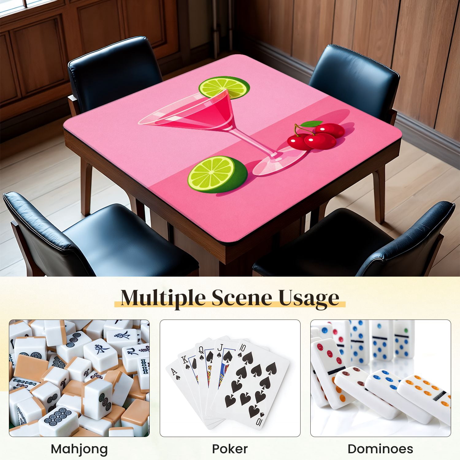 Mahjong Mat 31.5" x 31.5" Bright Pink Cocktail Martini Glass Lime Slice Cherries Non-Slip Noise Reduction Mahjong Tiles Table Cover for Dominoes Poker Card Board and Tile Games