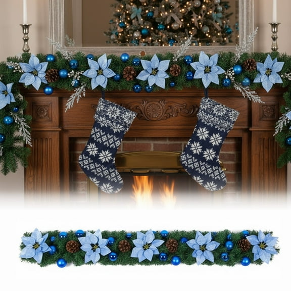 Verdsylv Christmas Rattan Garland, Christmas Rattan Garland, Natural Woven Banner for Staircase, Fireplace Mantel, and Christmas Tree Home Decor, Natural Woven Banner Staircase, Blue