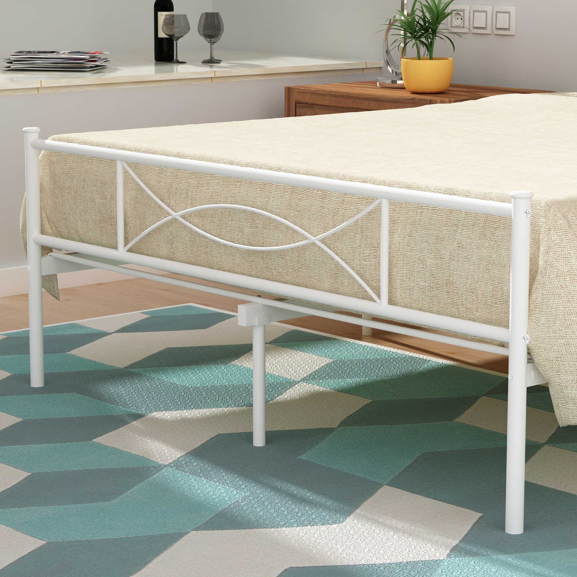 Yoneston Queen Size Metal Bed Frame Bedroom Platform Bed Frame with Headboard, White