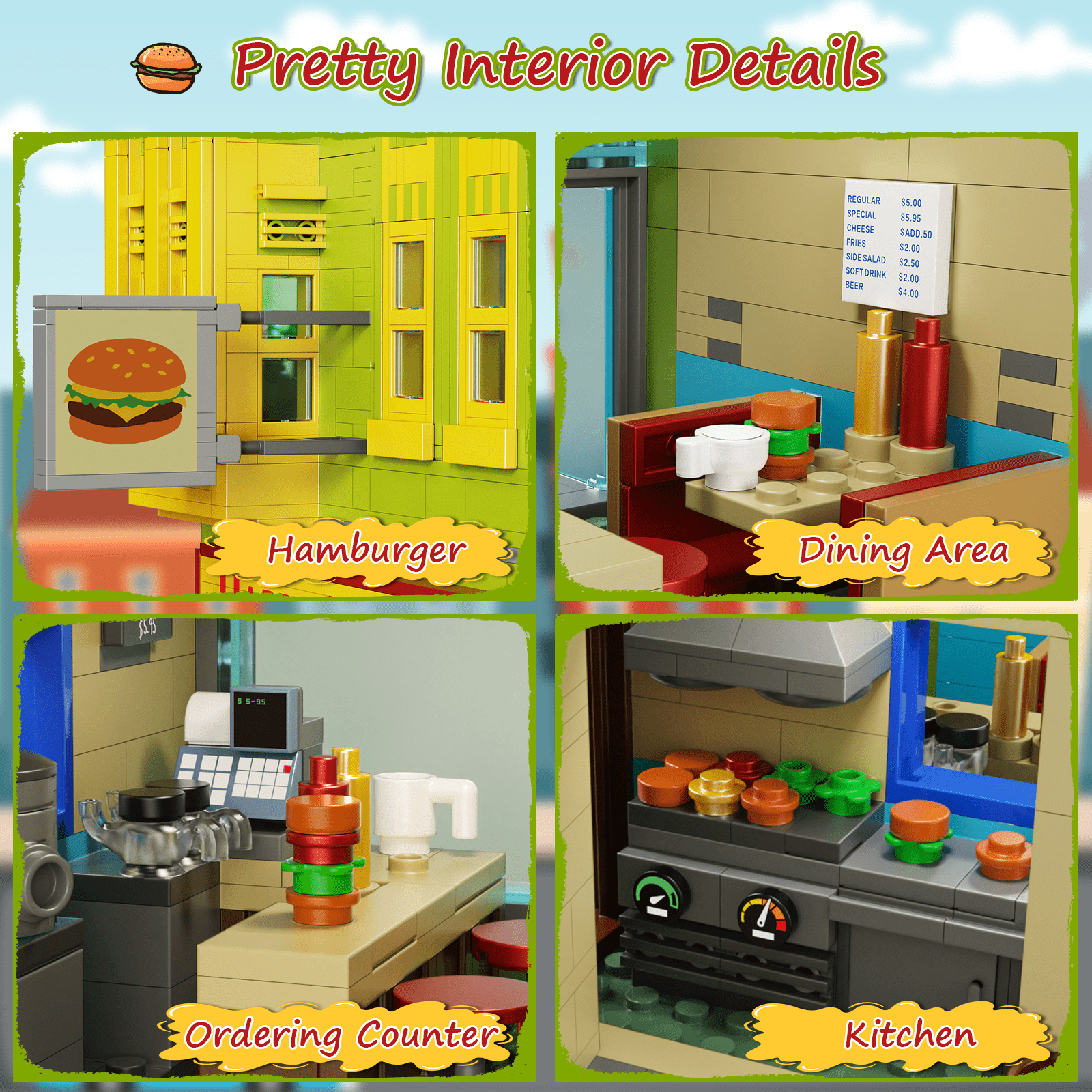 Burgers Shop Building Blocks Set Bob's Shop Model Toys Cartoon Creative Modular House Gift for Kids Adults(1018Pcs)
