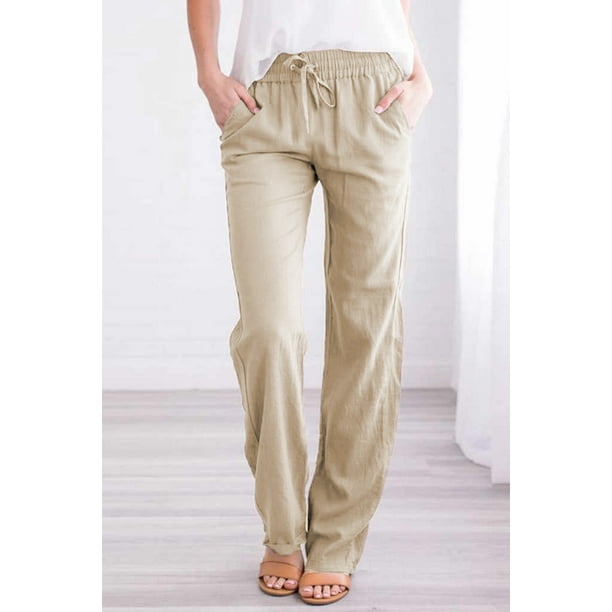 Chicfine Women's Khaki Drawstring Elastic Waist Pockets Long Straight Legs Pants Other (Us 16-18)xl