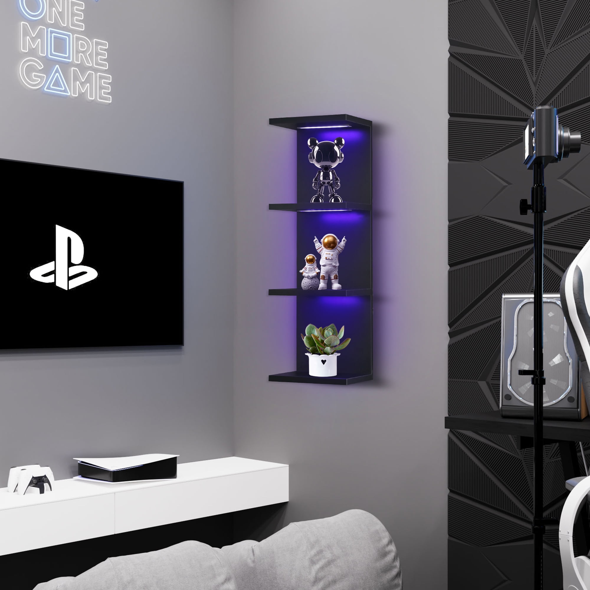 Versatile 4 Tier Wall Shelf Unit,Black Lack Wall Shelf,Display Floating Shelf with RGB Remote Control Light