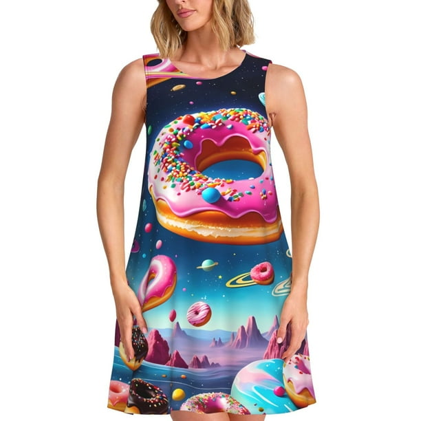 Fotbe Starry Sky Colorful Donut Vestido de Verano sin Mangas para Mujer – Vestido Midi Línea A, Estilo Camiseta Floral, Vestido Playero Casual y Fluido