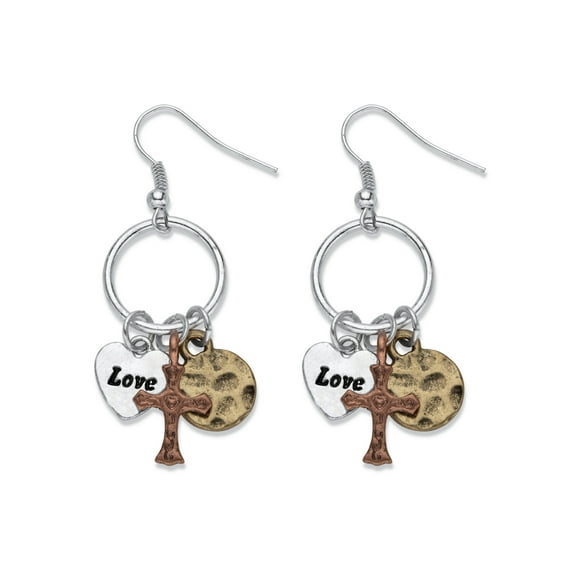 Tri-Tone Gold Tone, Silvertone and Rose Tone Cross and "Love" Charm Hammered Drop Earrings 2"