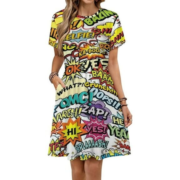 Comics Pop Art Short Sleeve Dress Women Summer Evening Dresses Ladies Sundress