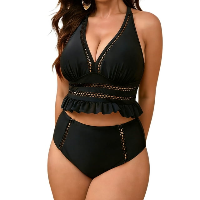 Womens Swimsuits Tankini Plus Size Deep V Neck Slimming Tummy Control Swim Dress with Bottom 2 Piece Bathing Suits for Women