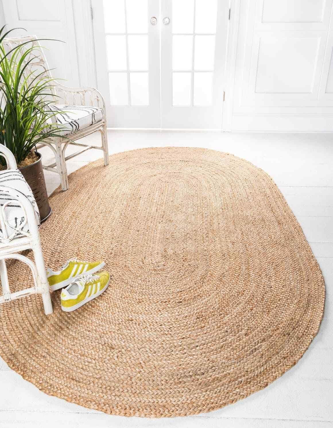 Indian Handmade Braided Pure Natural Jute Area Rug 8 x 10 Feet Oval (244 cm x 305 cm), Home Decor Rugs