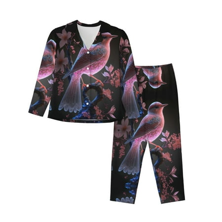 Pajamas for Women Set - Pink Patterned Bird Comfy Long Sleeve Button Up Pajama Sets for Women 2 Piece  Soft Sleepwear Nightwear Pjs Lounge Sets for Women with Pockets